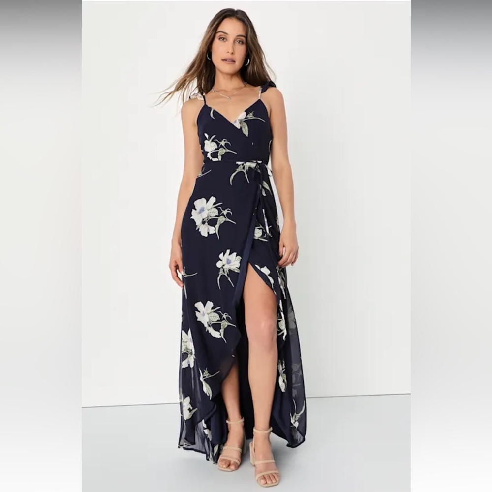 Lulus  All Mine Navy Blue Floral Print High-Low Wrap Dress Medium